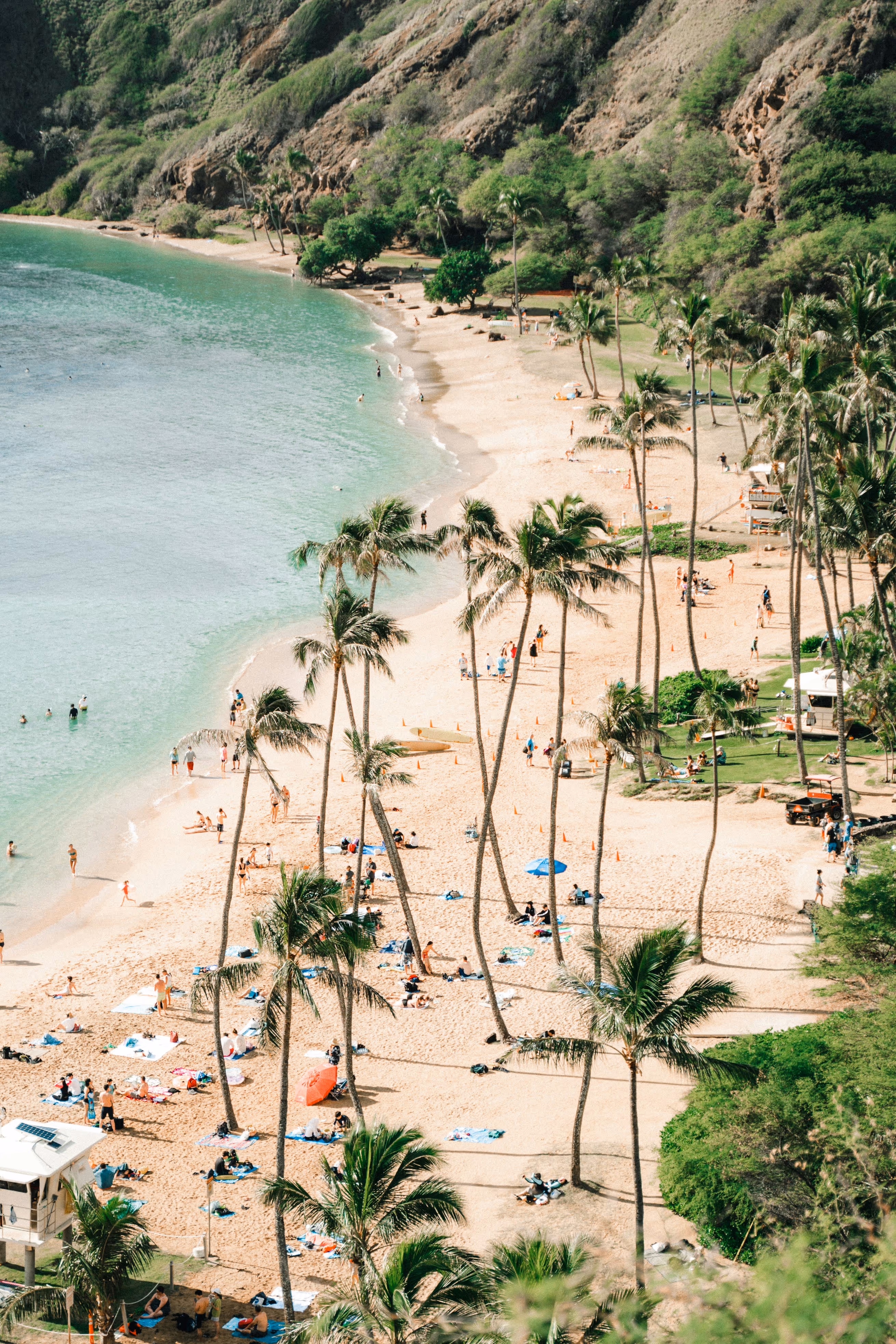 Aerial view of Hanauma Bay's turquoise waters and coral reef on Oahu